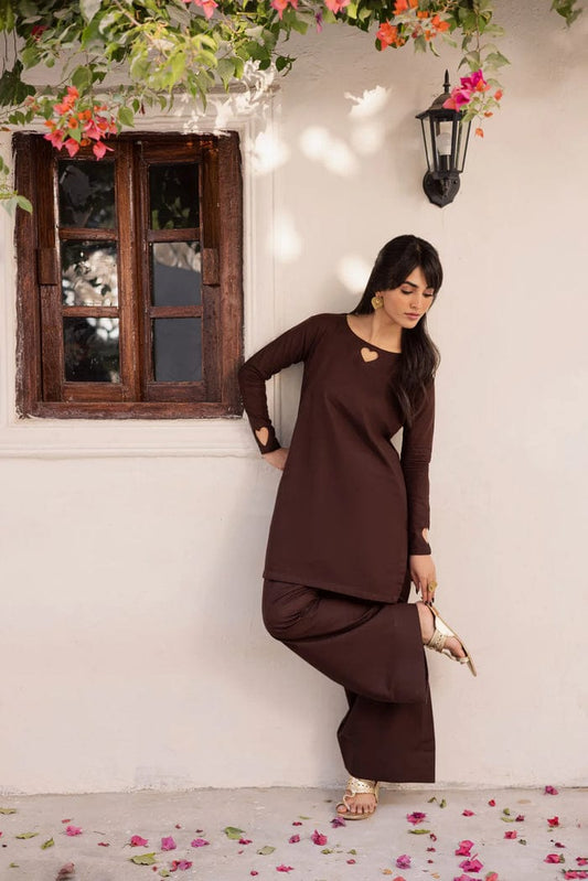 2PC Solid Set with Heart Detailing on Sleeves and Neck (Dark Brown)