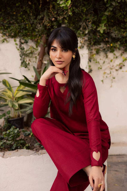 2PC Solid Set with Heart Detailing on Sleeves and Neck (Maroon)
