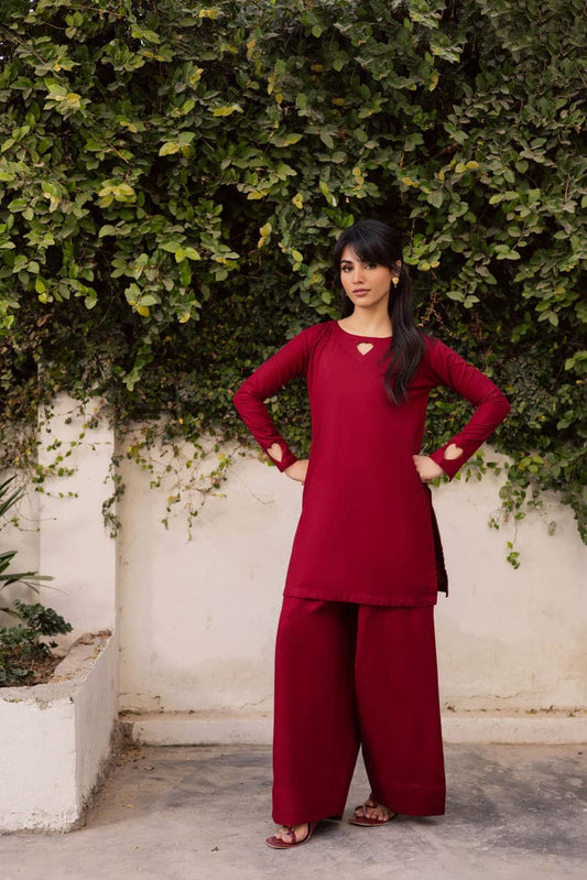 2PC Solid Set with Heart Detailing on Sleeves and Neck (Maroon)