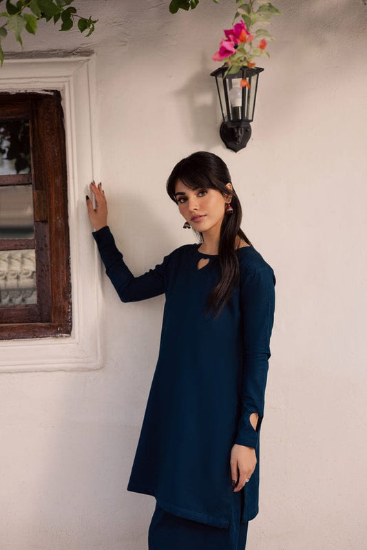 2PC Solid Set with Heart Detailing on Sleeves and Neck (Navy Blue)