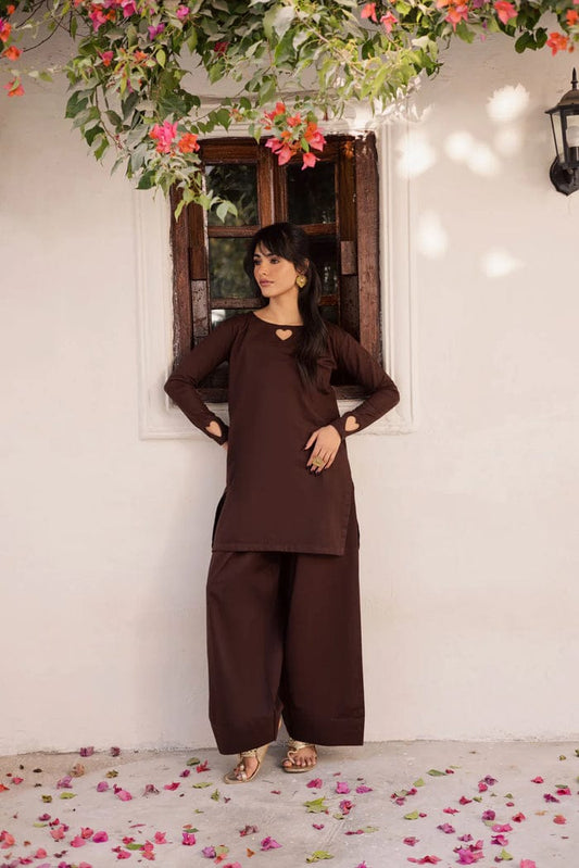 2PC Solid Set with Heart Detailing on Sleeves and Neck (Dark Brown)